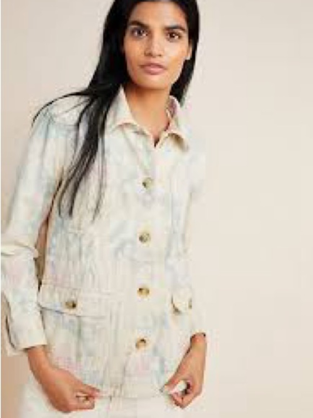 Anthropologie‎ Cream "Tie Dye" Button-Front Utility Jean Jacket
